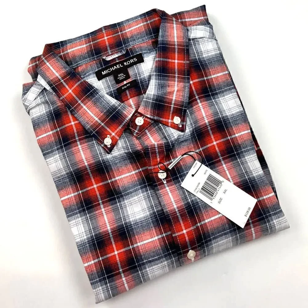 NWT Michael Kors Men US XXL Plaid Button Down Shirt  White Gray Orange Casual - Picture 2 of 7